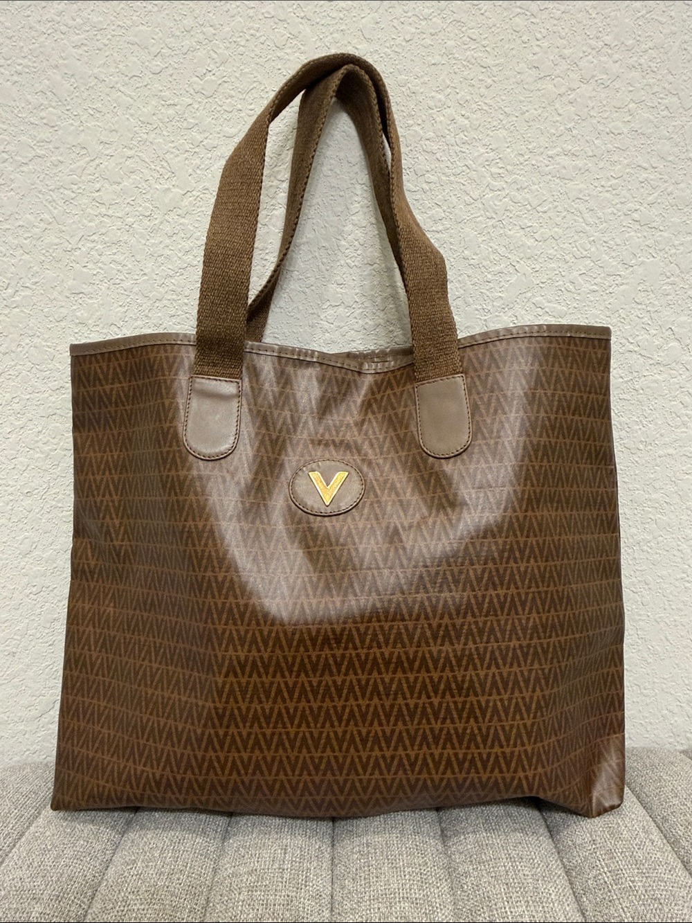 Mario Valentino Brown Tote with Gold V Emblem